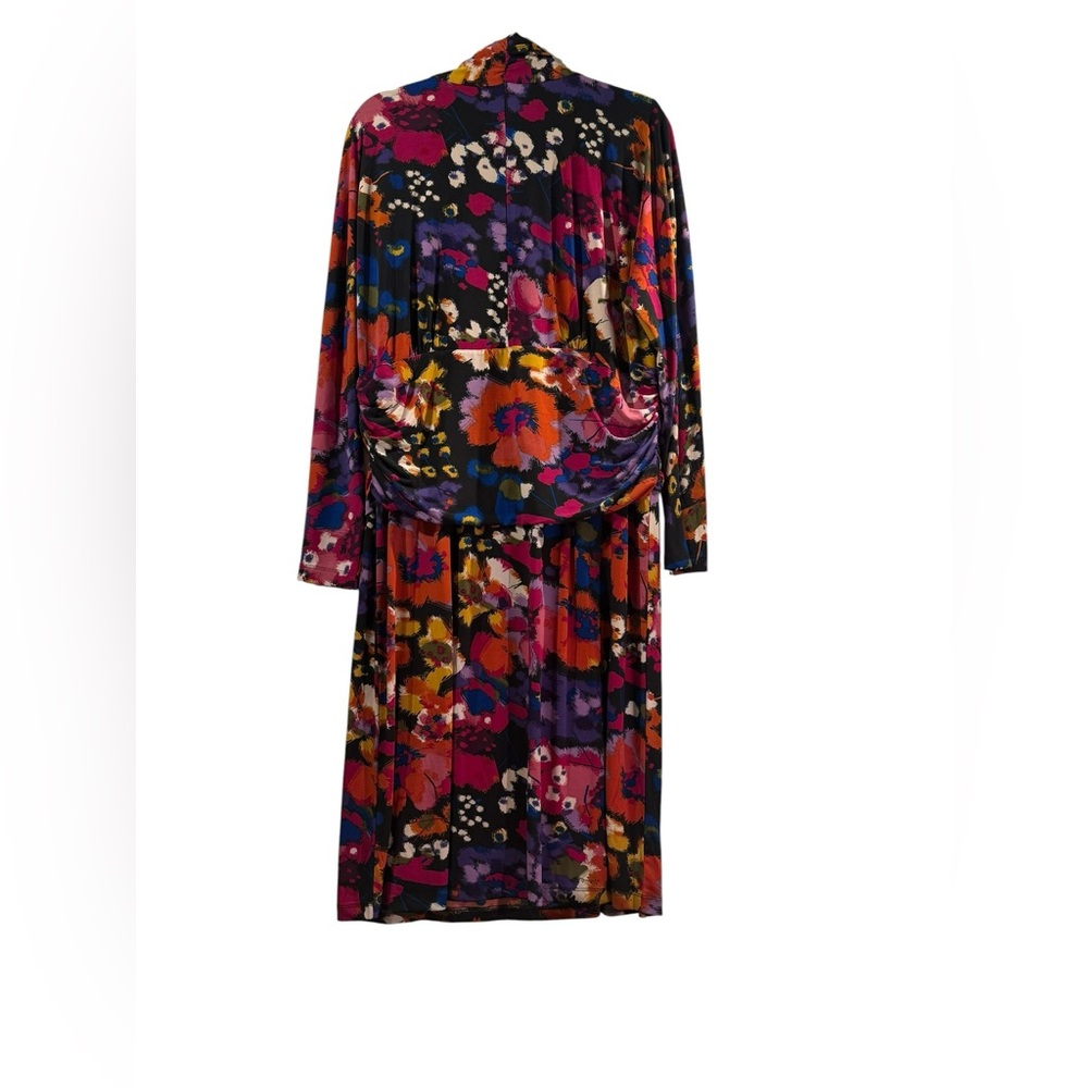 Colorful Floral Draped Waist Dress Long Sleeve Statement Print Size Large - Picture 3 of 5